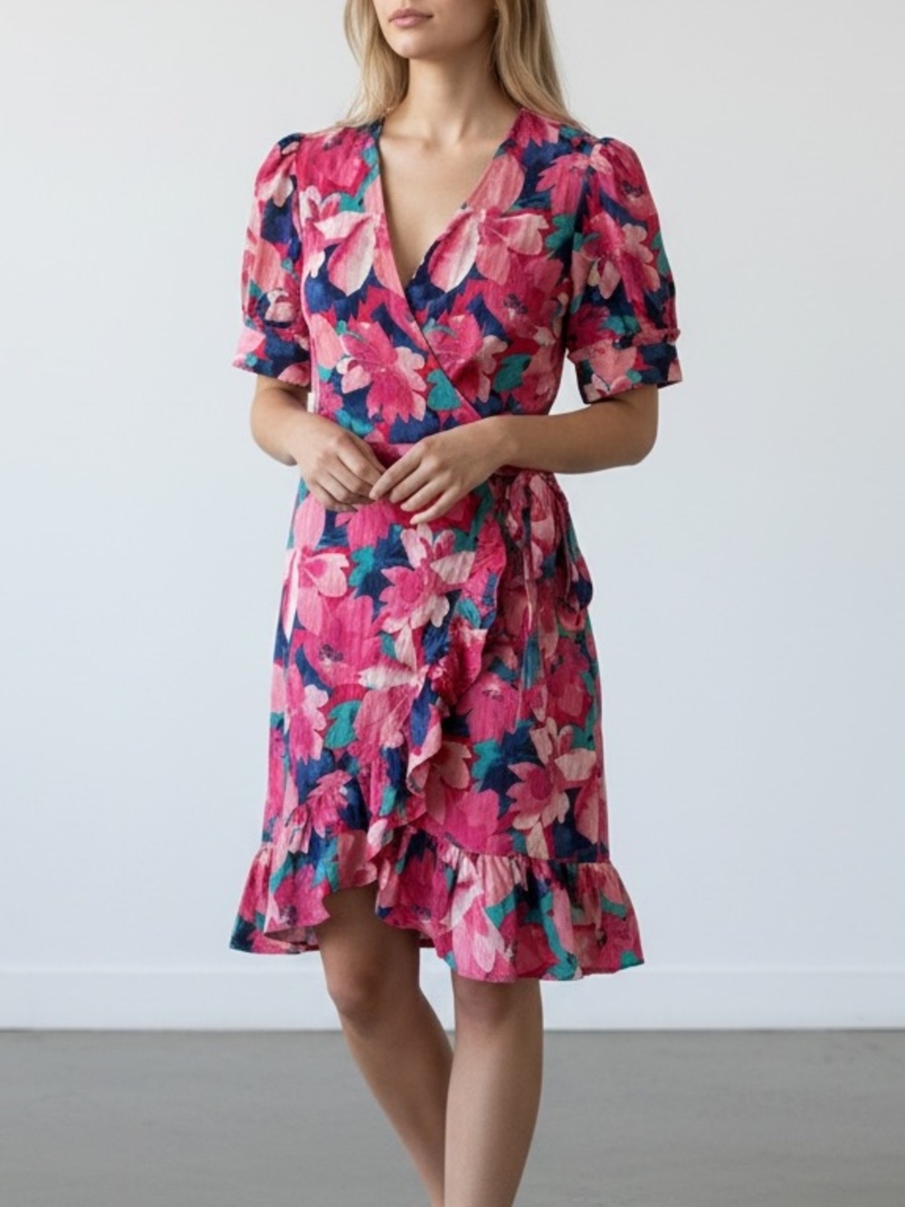 Draper James Pink Floral Wrap Dress with Ruffle Hem